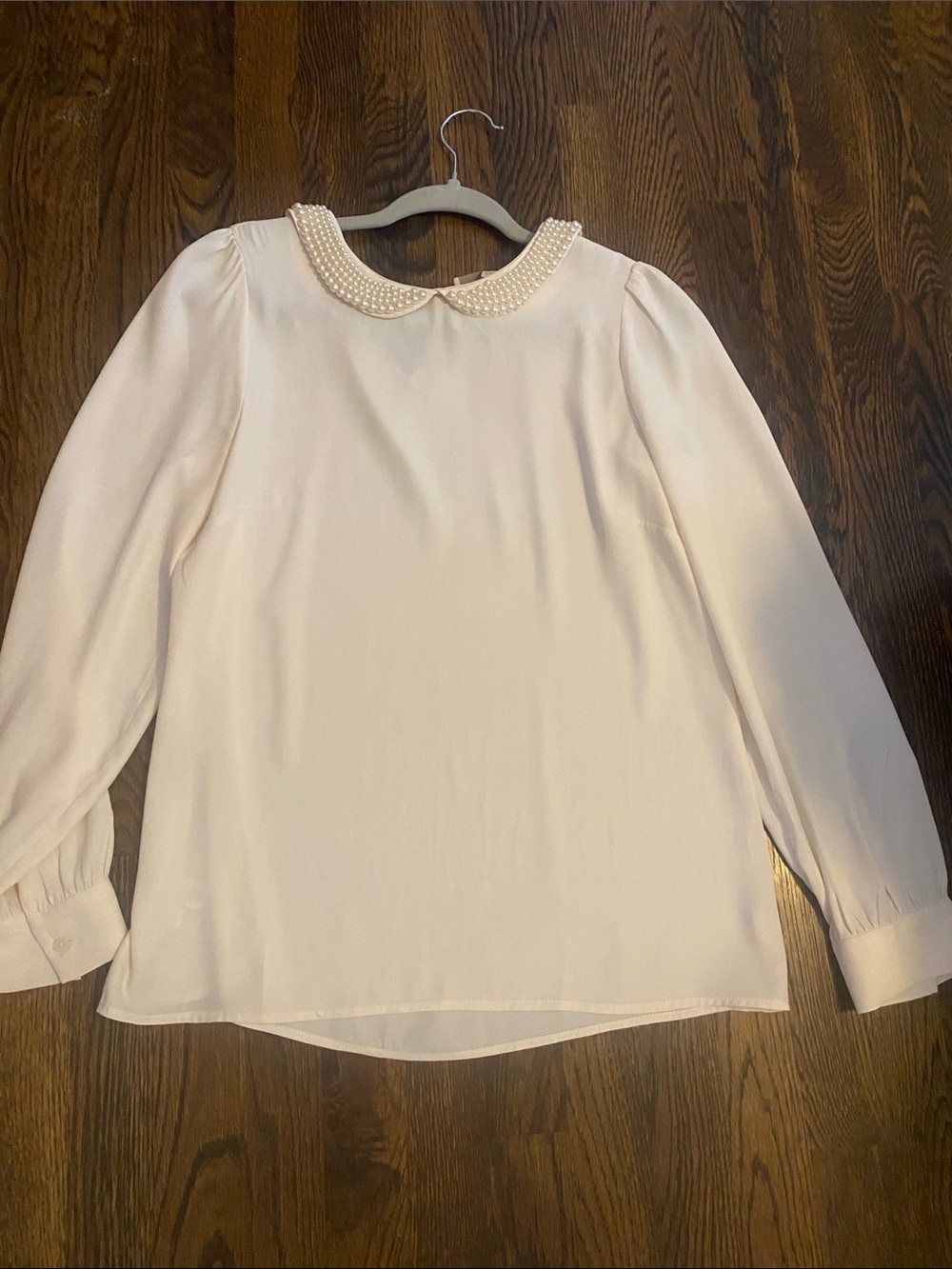 LOFT Cream Pearl-Trim Long Sleeve Blouse